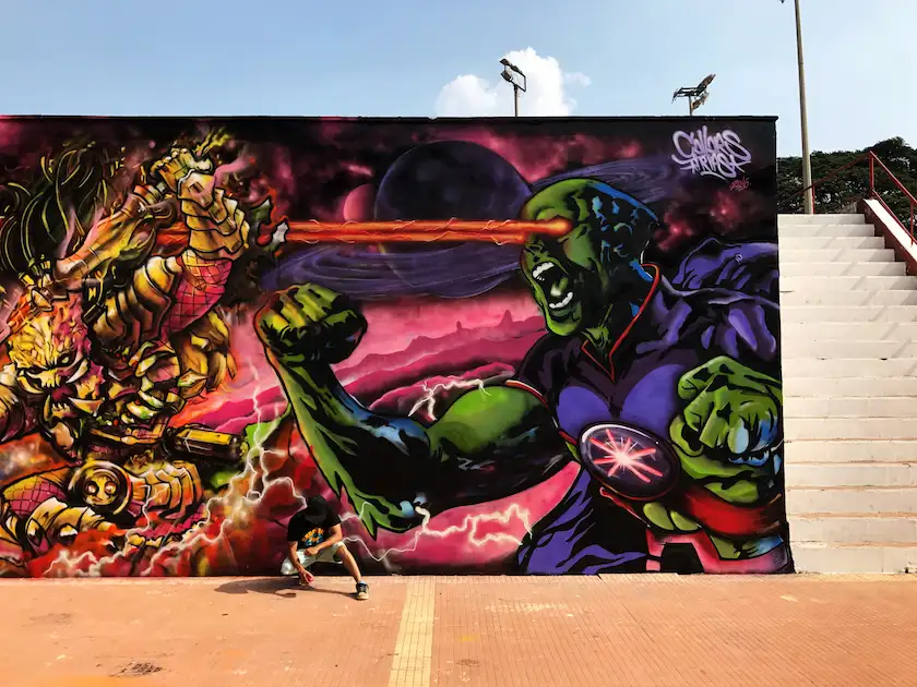student posing Selfie point graffiti art on theme of space wars at 2016 techfest 1 IIT bombay