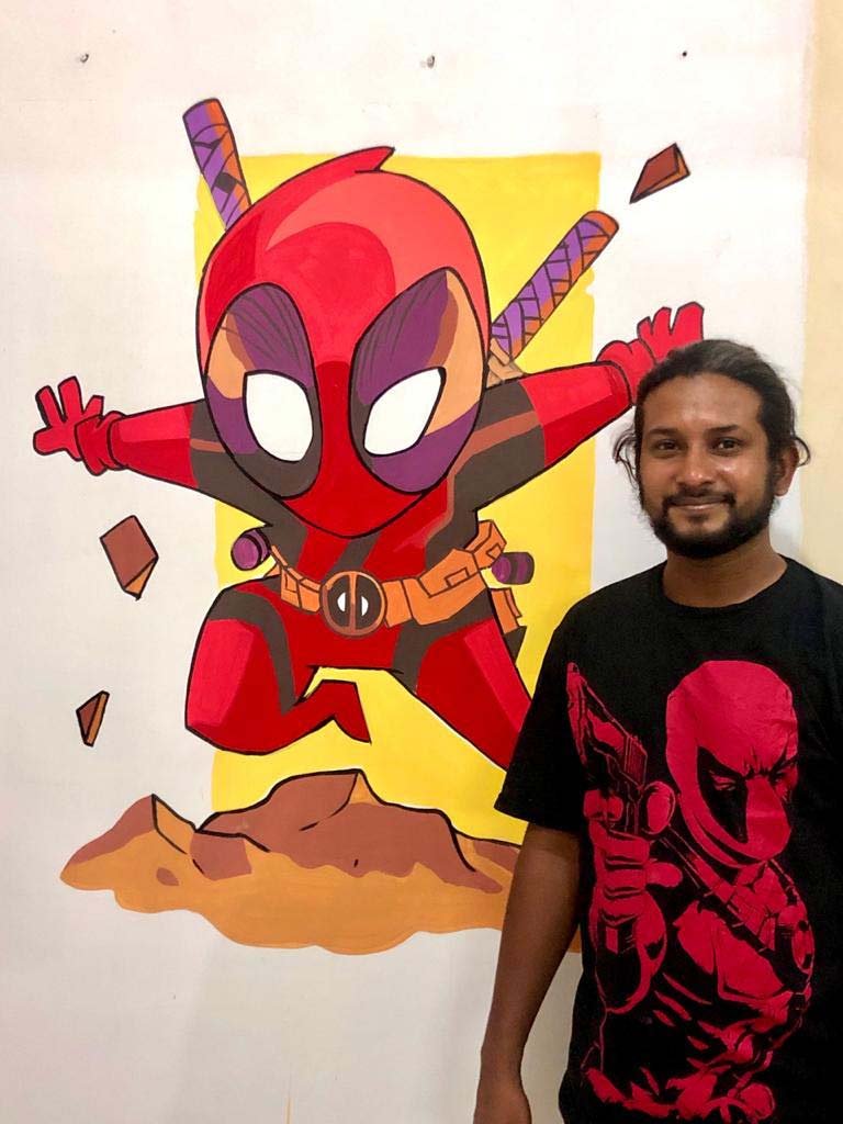El Chapo with his Derek Laufman inspired Deadpool Doodle wall art
