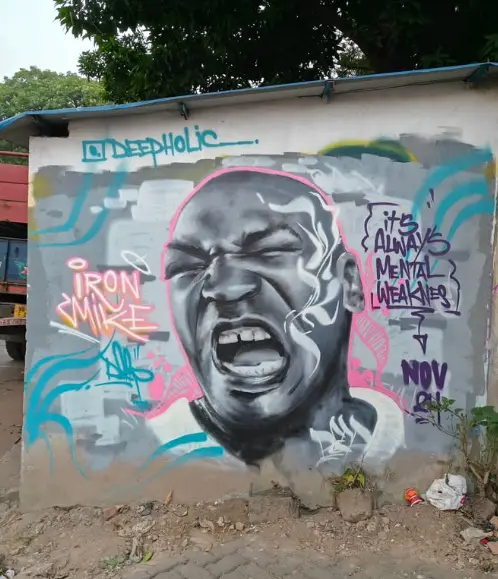 Mike Tyson graffiti in Shobha bazar, Kolkata by graffiti artist Deepholic